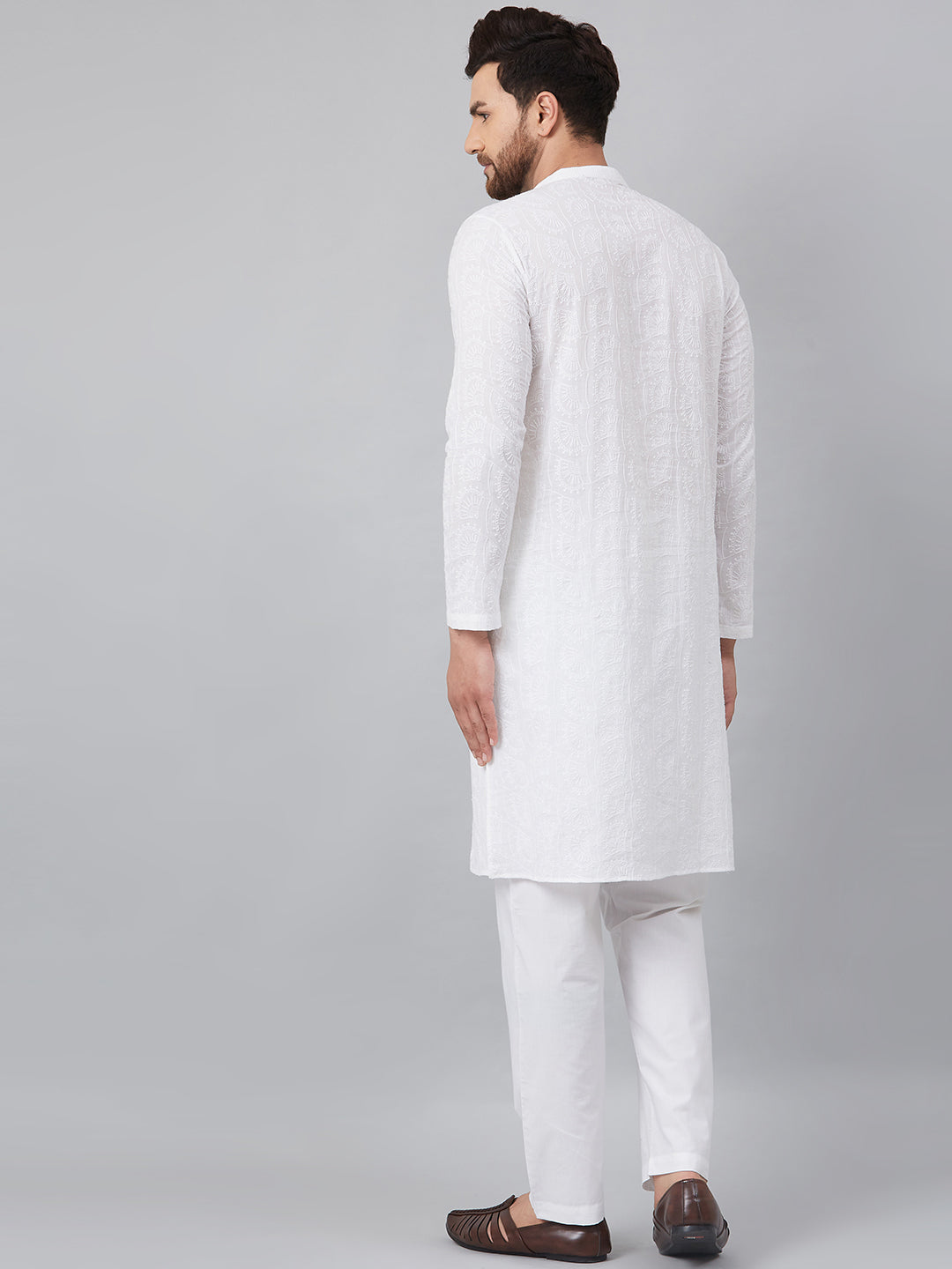 White Green Chikankari Embroidered Woven Design Straight Kurta With Pyjama
