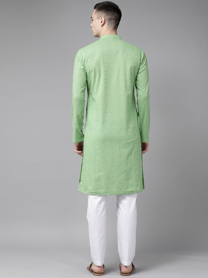 Men Green Pure Cotton Chikankari Embroidered Straight Kurta