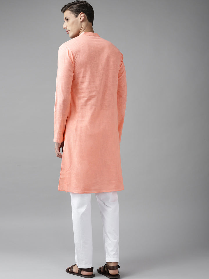 Men Peach Cotton Slub Straight Kurta with Pyjama