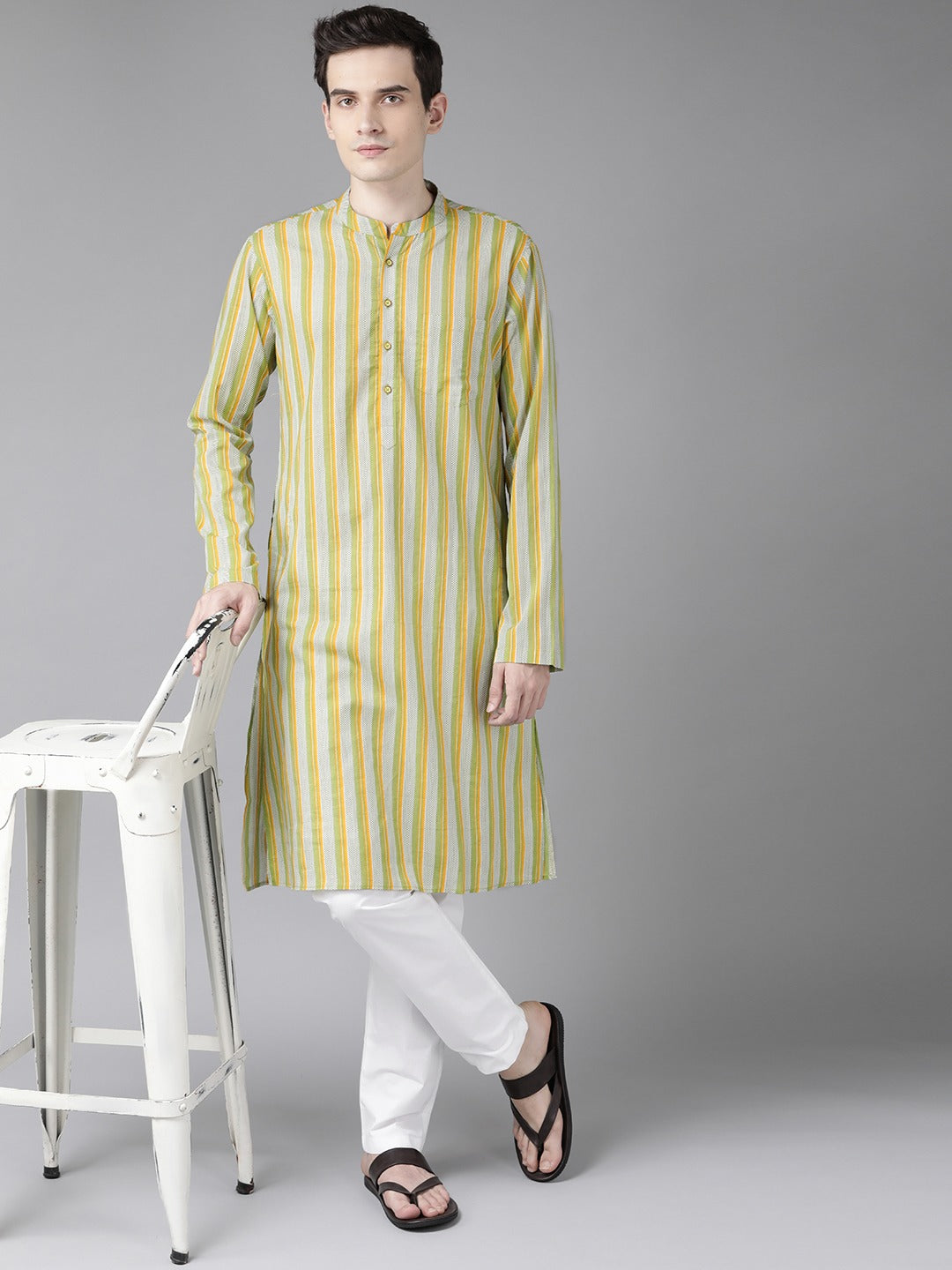 Yellow And White Printed Straight Kurta