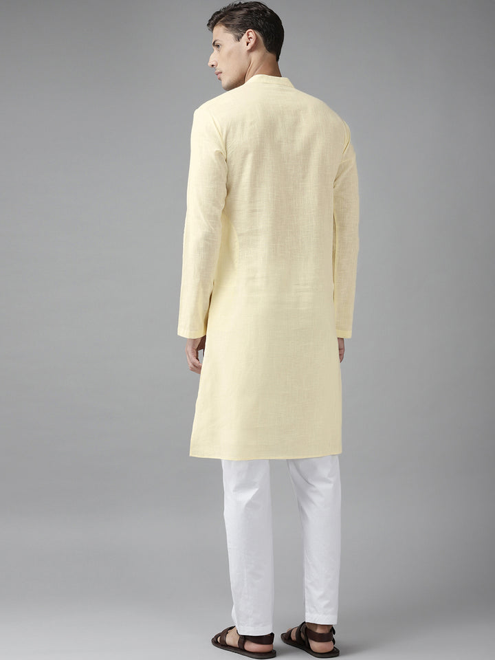 Men Cream Cotton  Straight Kurta with Slub Effect With Pyjama