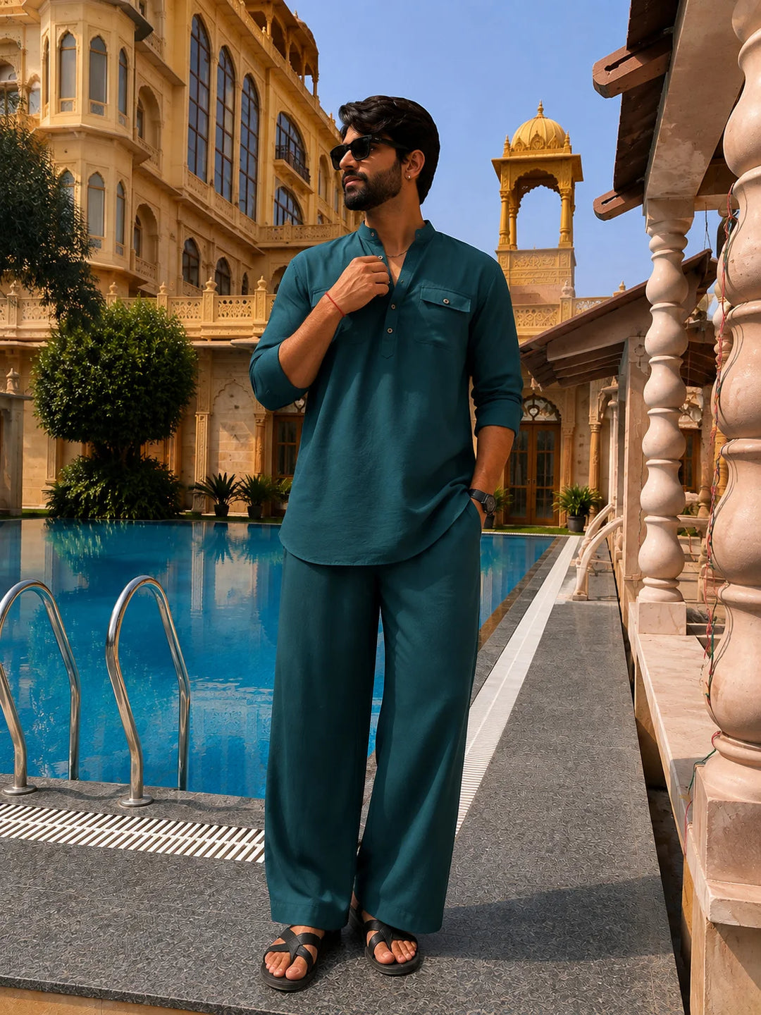 Men's Green Rayon Solid Pathani Set