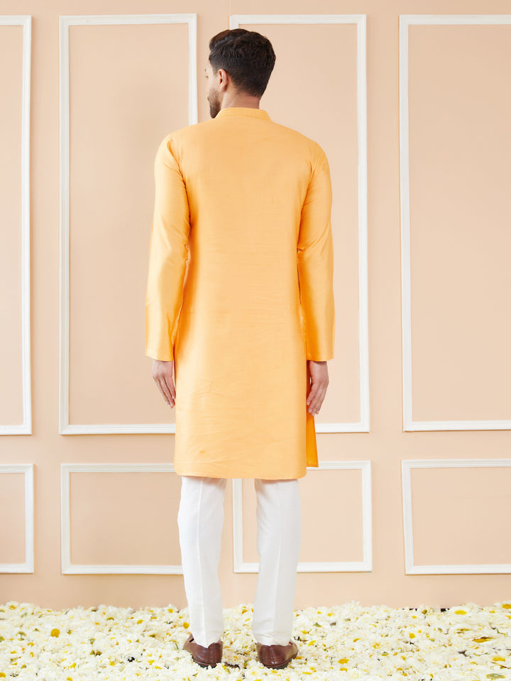 Peach Orange Chanderi Silk Straight Kurta with Embroidered Neckline & Pyjama