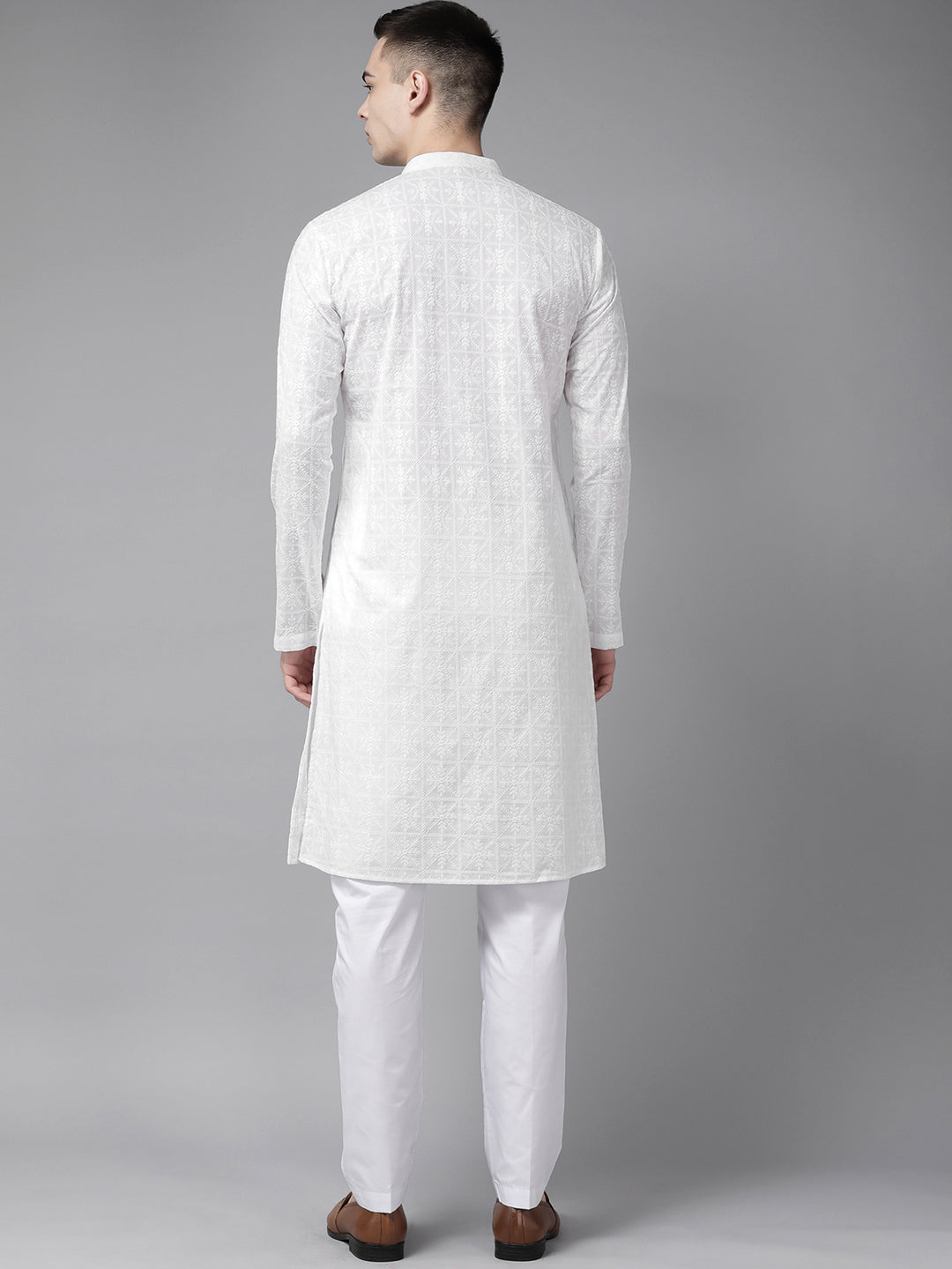 Men White Pure Cotton Chikankari Embroidered Straight Kurta