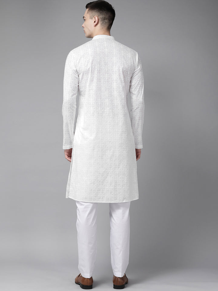 Men White Pure Cotton Chikankari Embroidered Straight Kurta