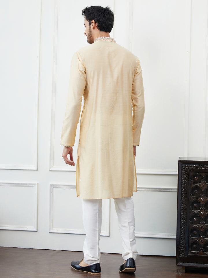 Solid Pure Cotton Straight Kurta with Embroidered Flacket