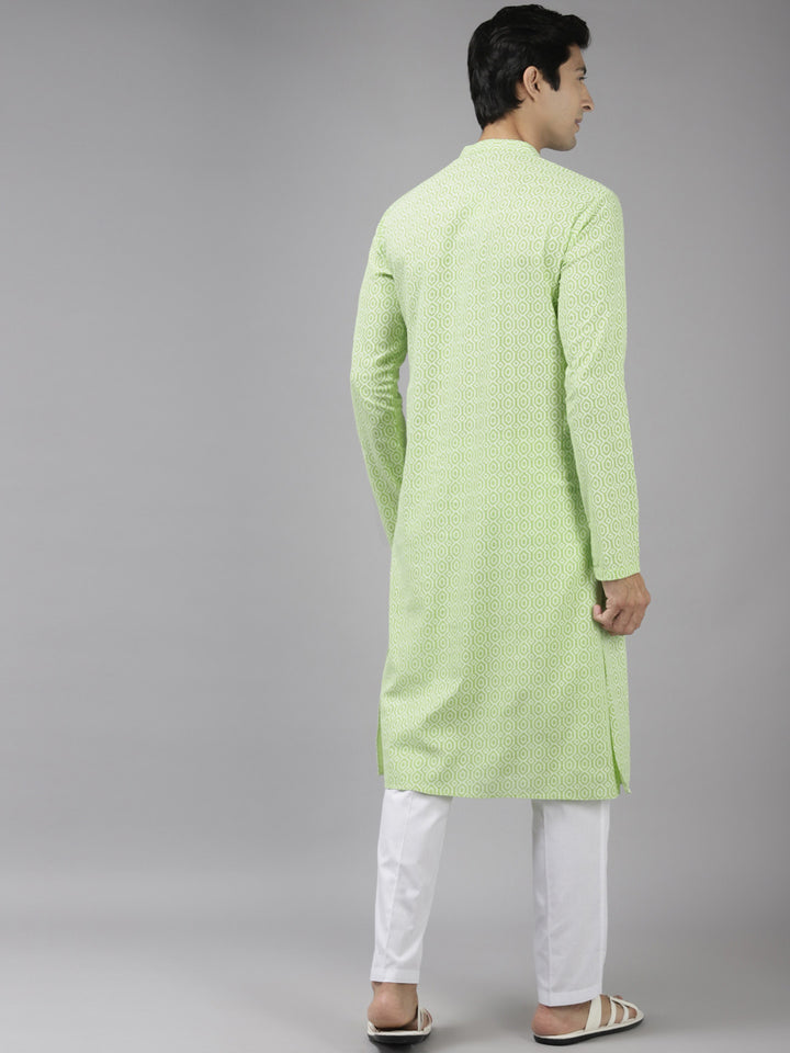 Men Lime Green And White Printed Pure Cotton Straight Kurta