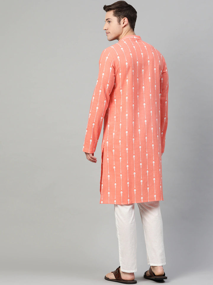 Men Peach And White Printed Straight Kurta With Pyjama