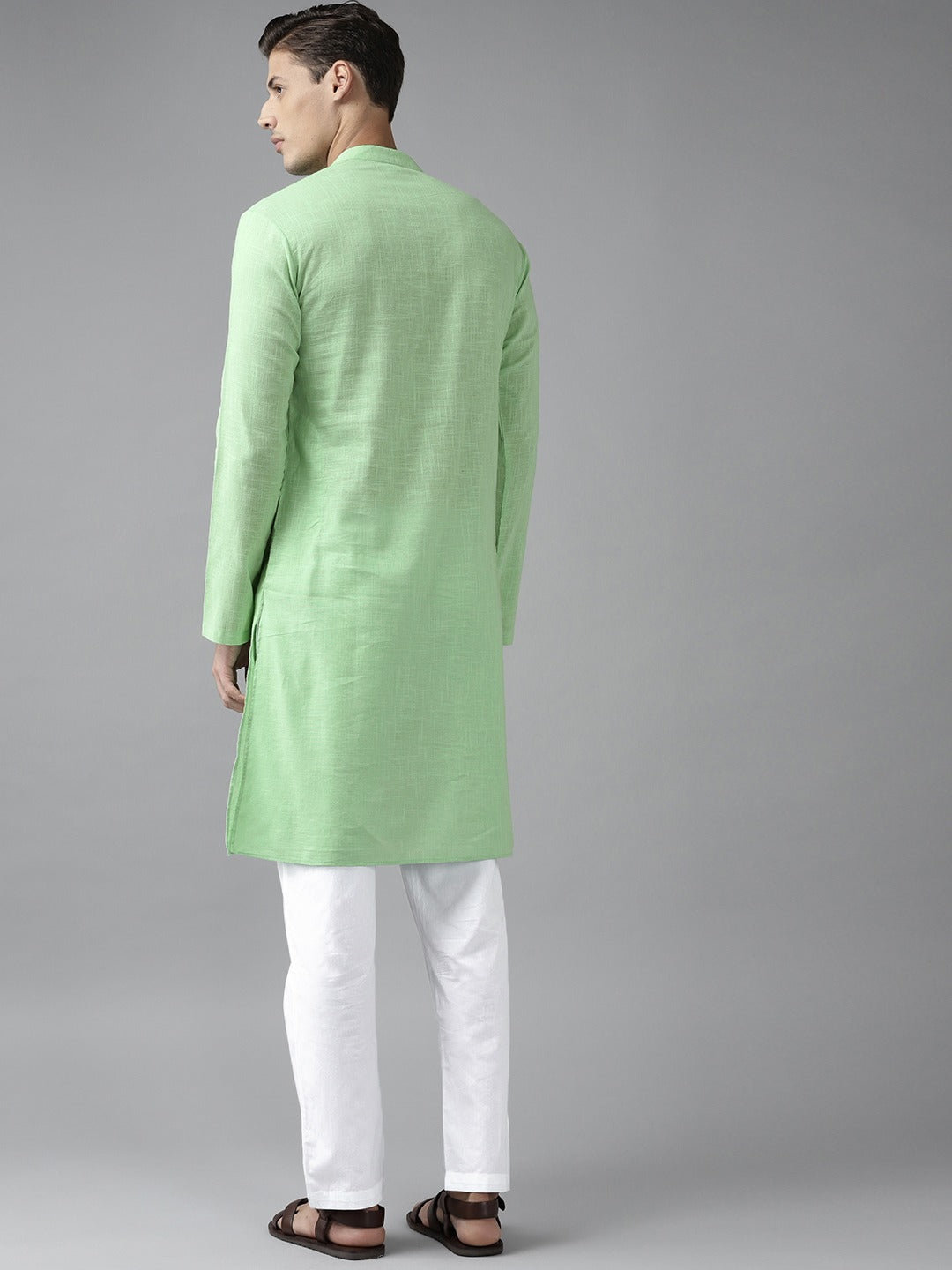Men Green Cotton  Straight Kurta with Slub Effect With Pyjama