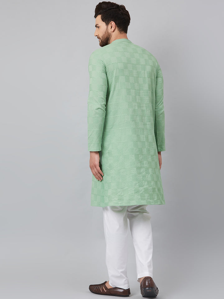 Men Green Chikankari Embroidered Woven Design Straight Kurta With Pyjama