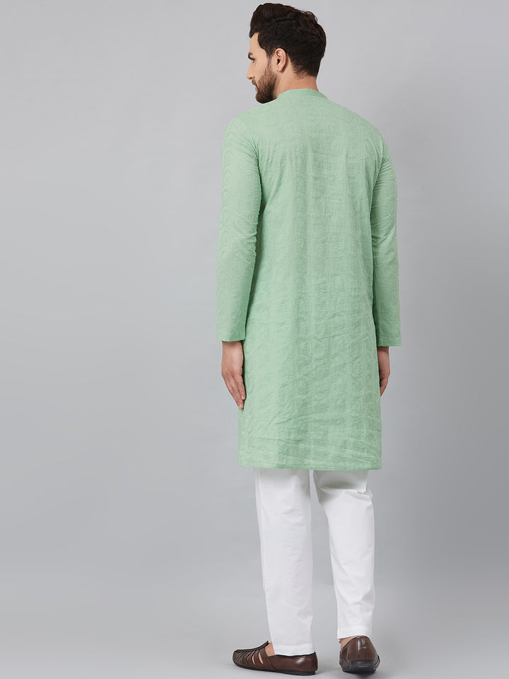 Men Green Chikankari Embroidered Woven Design Straight Kurta