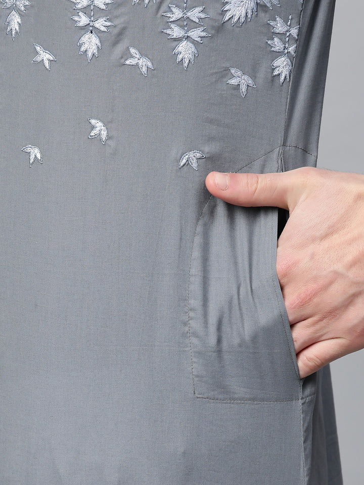Grey Embroidered Straight Kurta With Pyjama