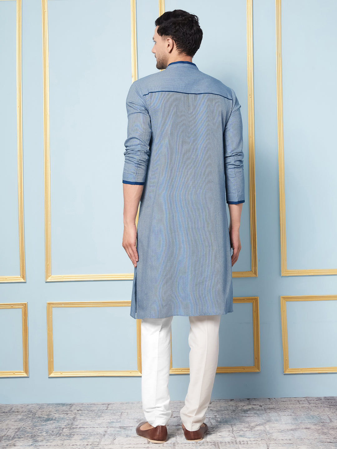 Blue Woven Striped Straight Kurta With Pyjama