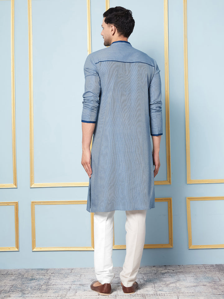 Blue Woven Striped Straight Kurta With Pyjama
