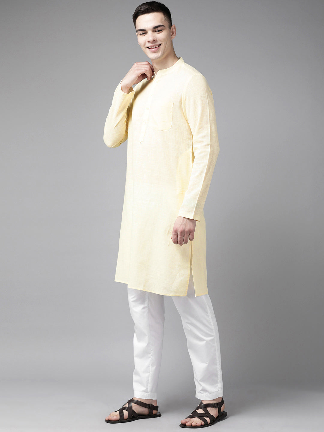 Men Yellow And Beige Printed Pure Cotton Kurta Pajama With Neharu jacket