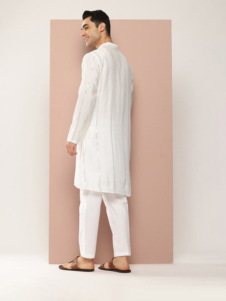 Men's Off-White Sequined & Embroidered Chanderi Silk Straight Kurta