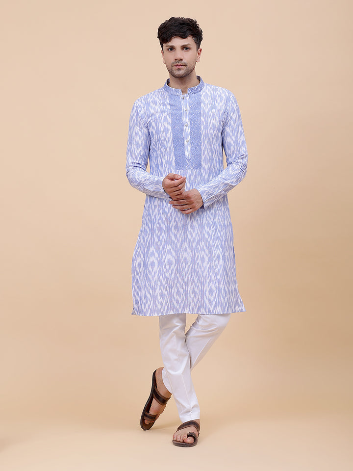 Printed Ikat Pure Cotton Straight Kurta with Embroidered Neck Design