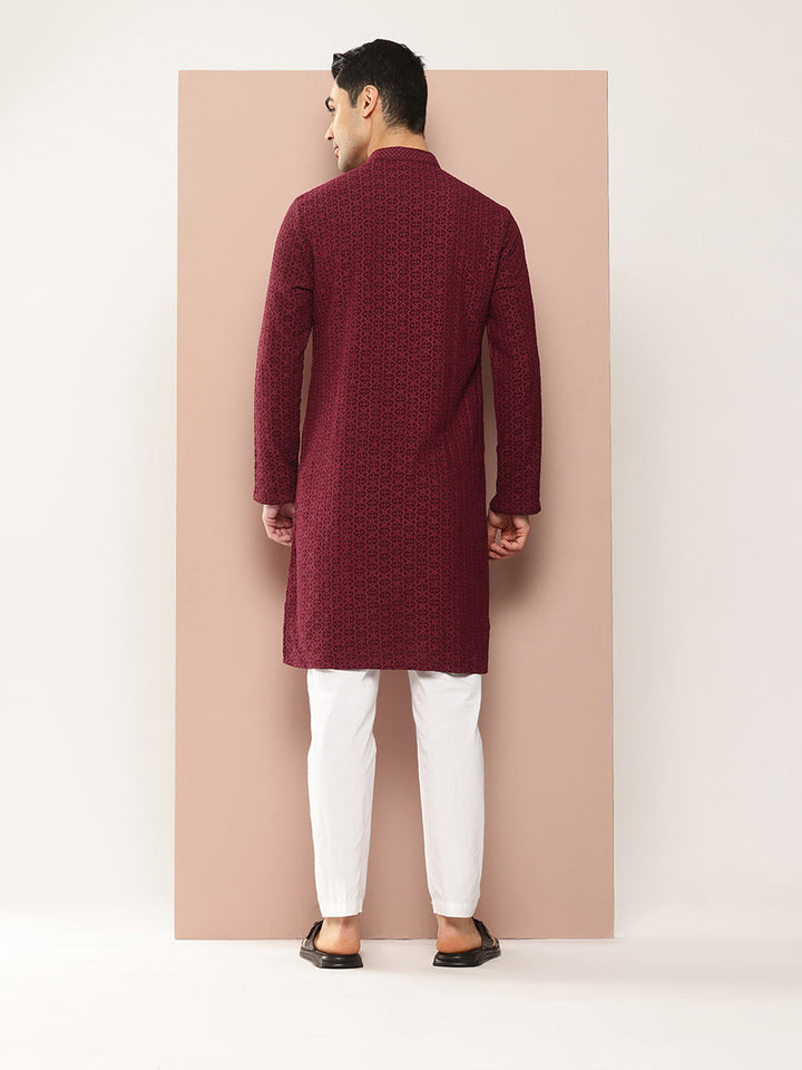 Men's Maroon Embroidered Chikankari Rayon Straight Kurta