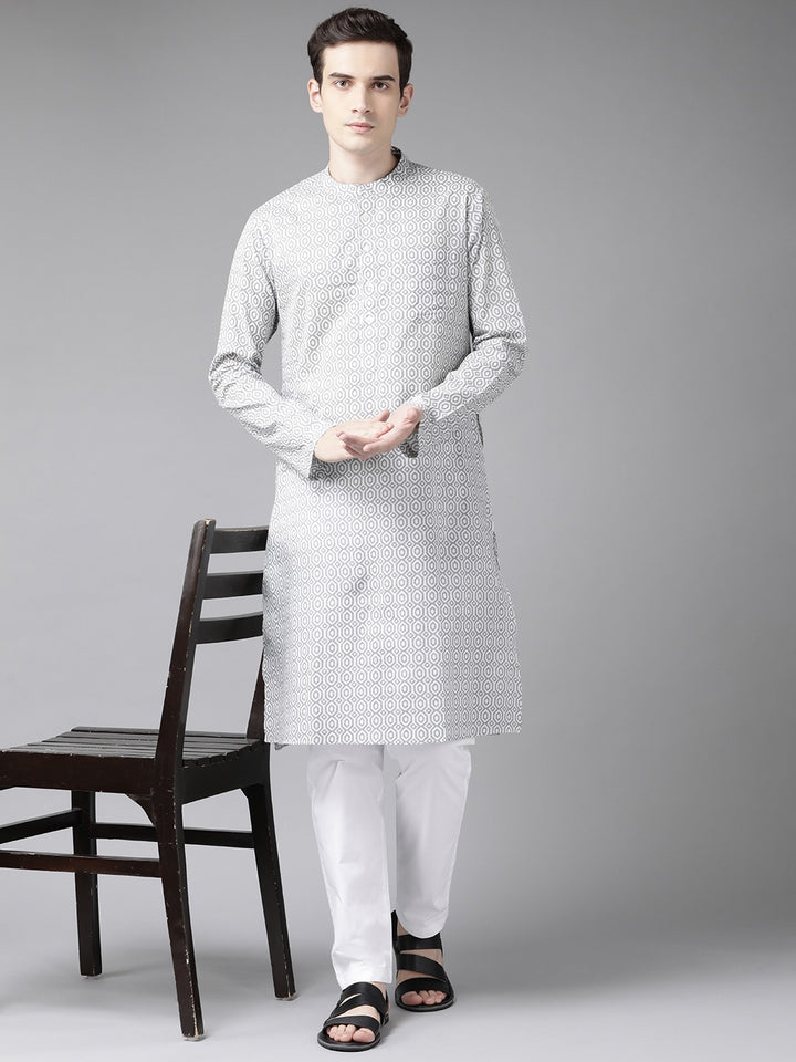 Men White & Grey Printed Straight Kurta With Pyjama
