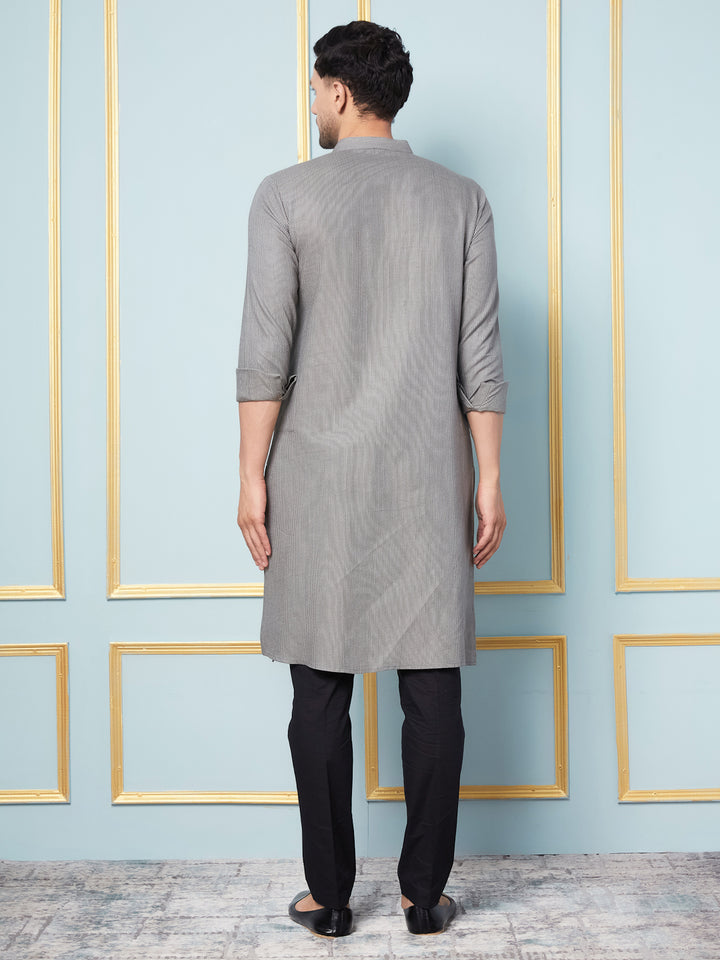 Grey Woven Straight Kurta With Pyjama