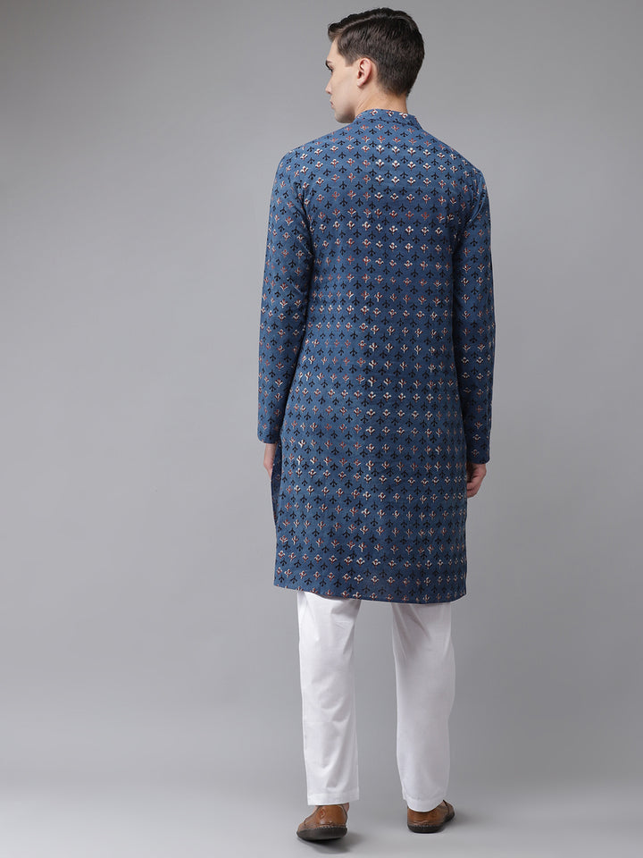 Men Blue And Maroon Hand Block Print Sustainable Straight With Kurta Pyjama