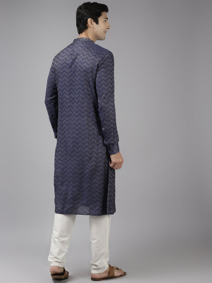 Men Blue & Beige Woven Design Thread Work Kurta With Pyjama