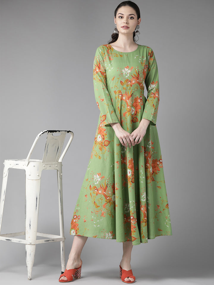 Green & Red Floral Printed Flared Maxi Dress