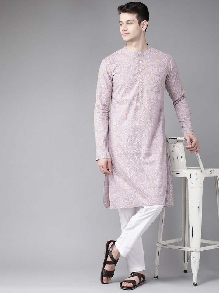 Men Peach And Gold Printed Straight Kurta