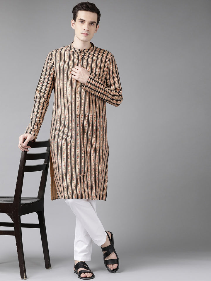 Men Beige And Black Printed Straight Kurta