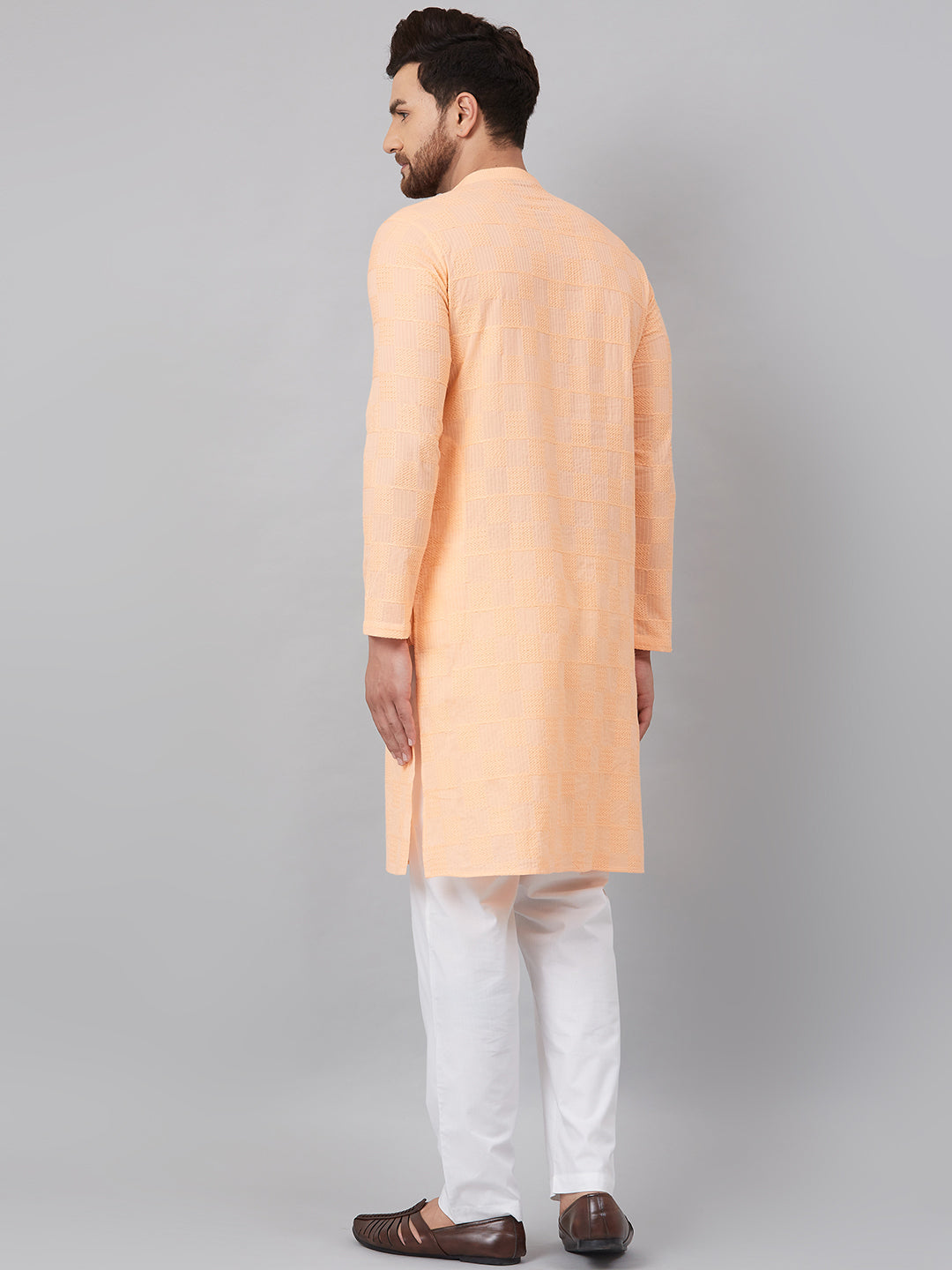 Men Peach Chikankari Embroidered Woven Design Straight Kurta With Pyjama