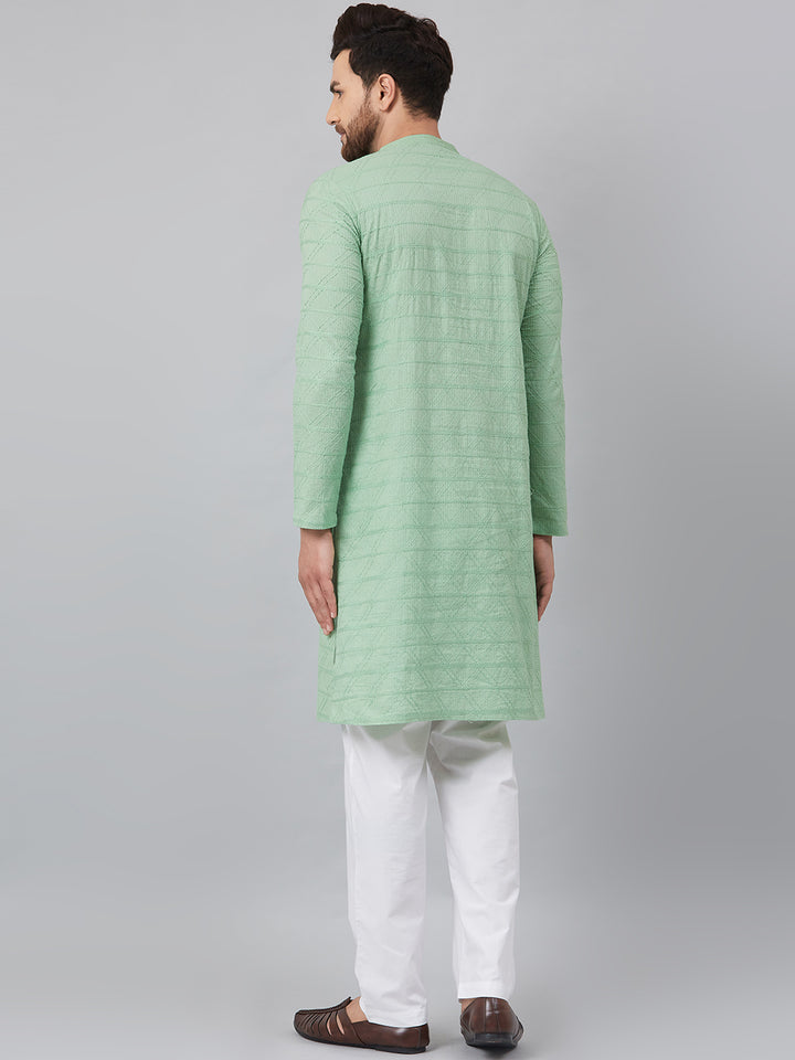 Men Green Chikankari Embroidered Woven Design Straight Kurta