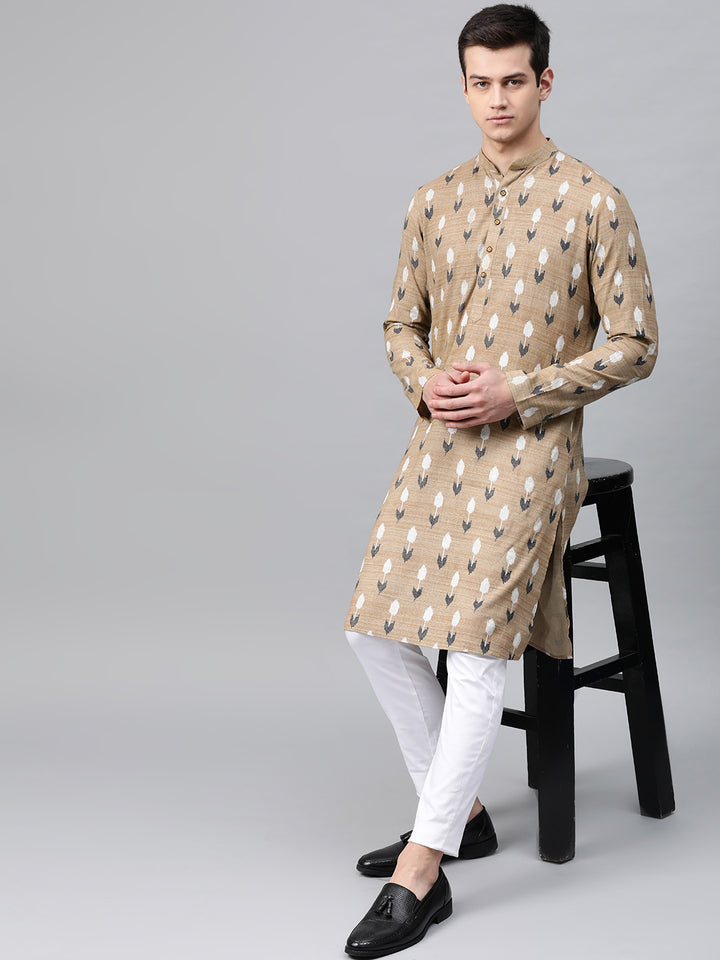 Beige Printed Straight Kurta With Pyjama