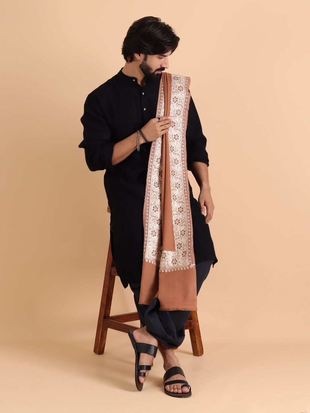 Tweedle Fine Wool Aari Embroidery Stole / Scarf for Men, Border Design with Stone Work - Beige