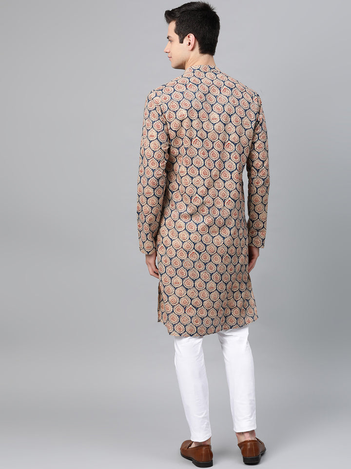 Blue & Maroon Printed Straight Kurta