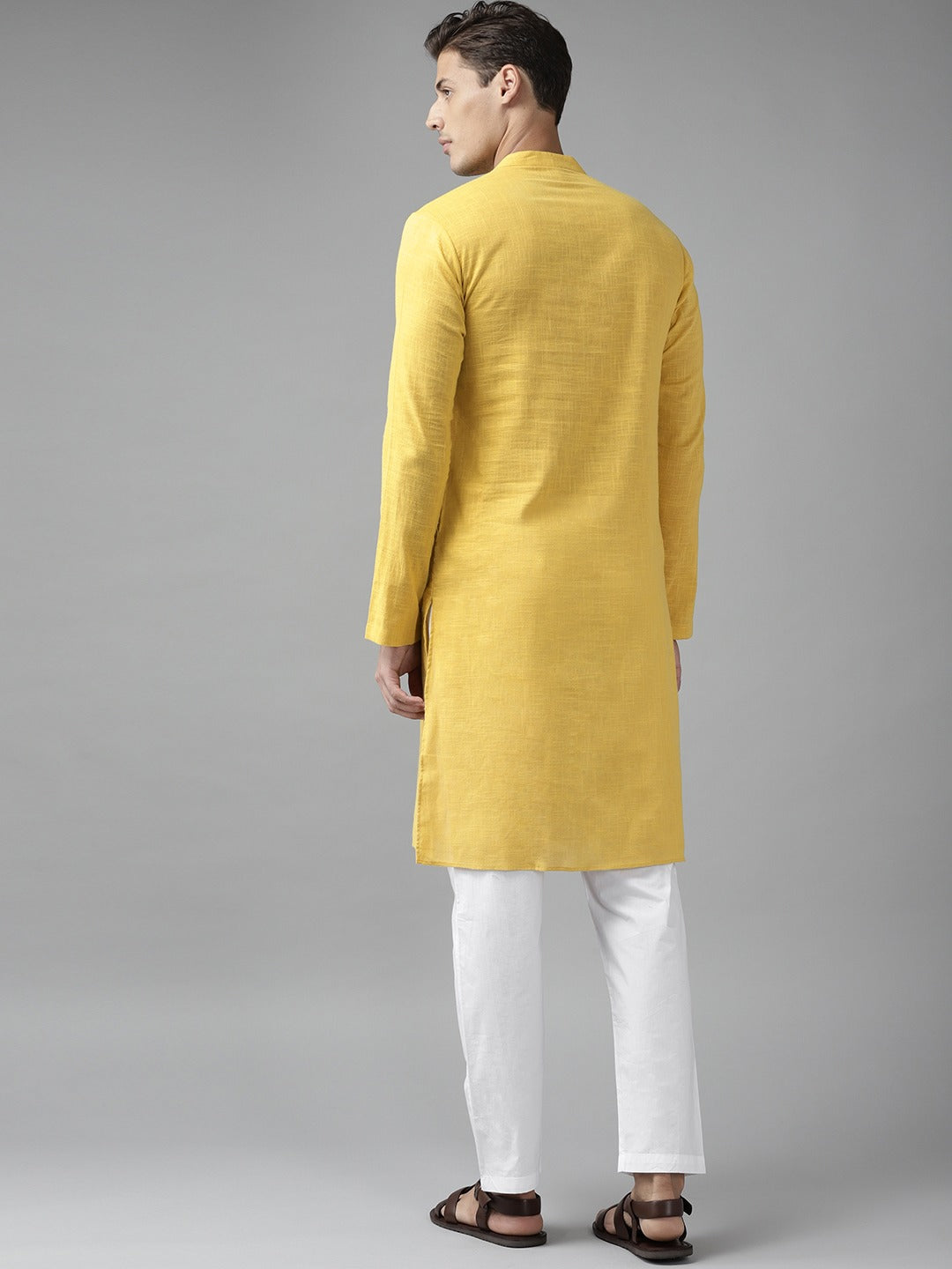 Men Yellow  Cotton  Straight Kurta with Slub Effect With Pyjama