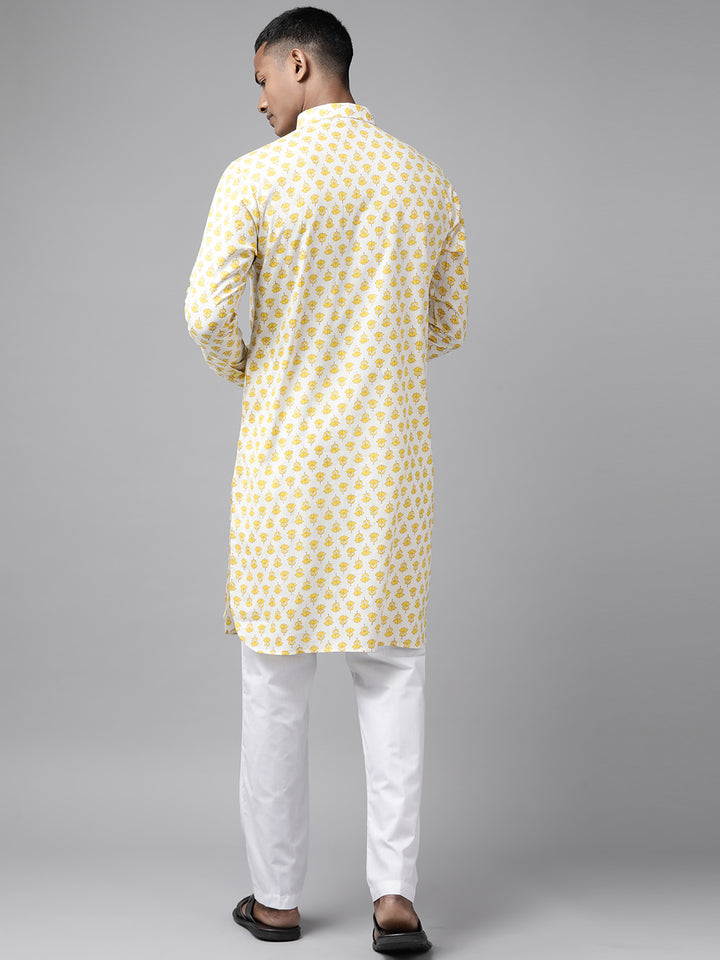 Men Yellow Regular Pure Cotton Pathani Kurta with white Salwar