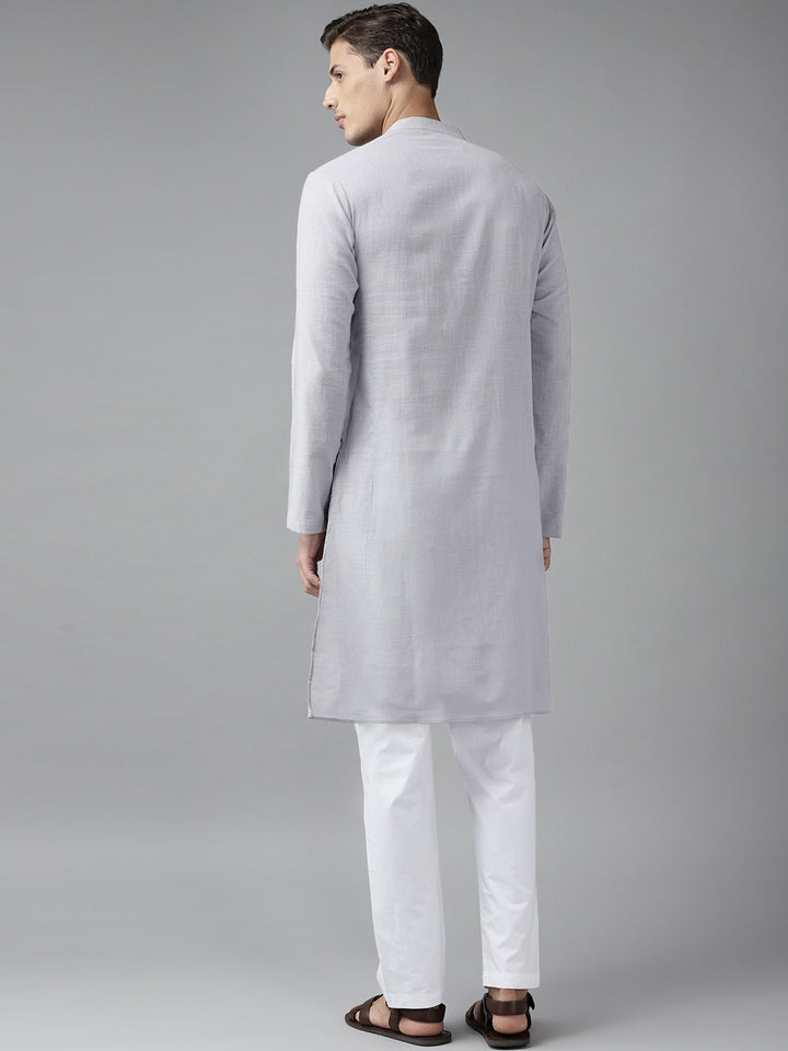 Men Grey Cotton Slub Straight Kurta with Pyjama