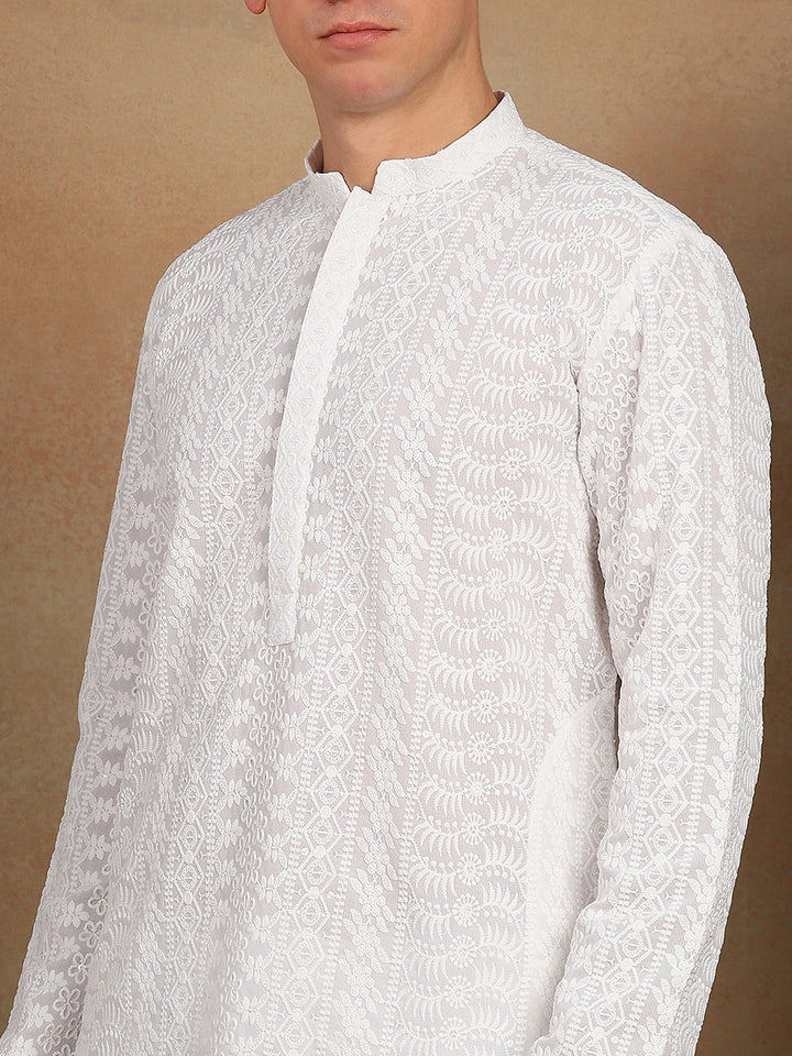 White Chikankari Embroidered Straight Kurta Paired with Salwar