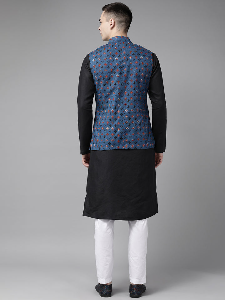 Pure Cotton Kurta with Pyjama & Printed Nehru Jacket