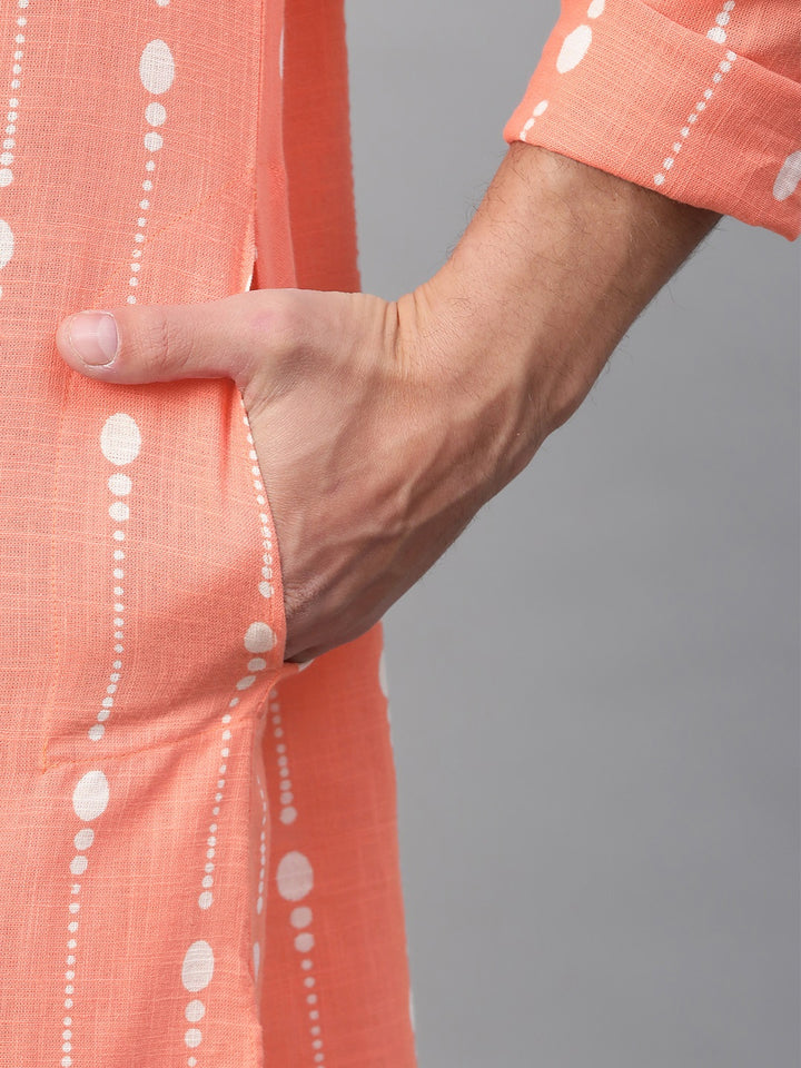 Men Peach And White Printed Straight Kurta With Pyjama
