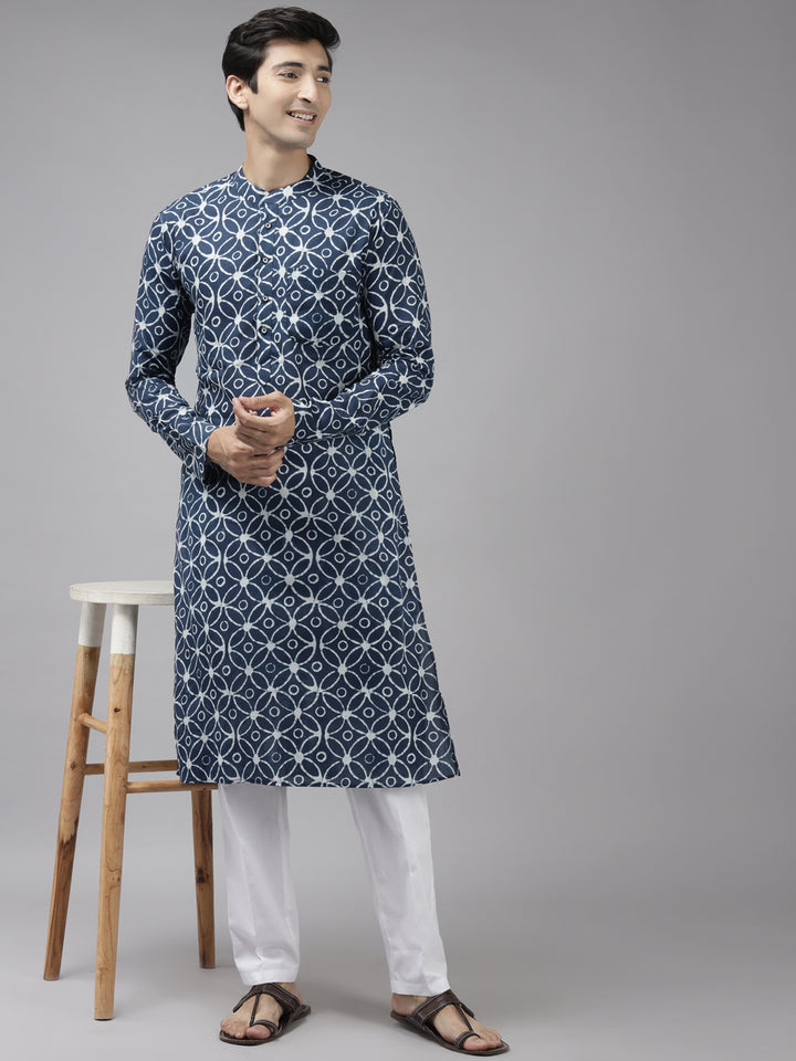 Men Blue & Off White Printed Straight Kurta With Pyjama