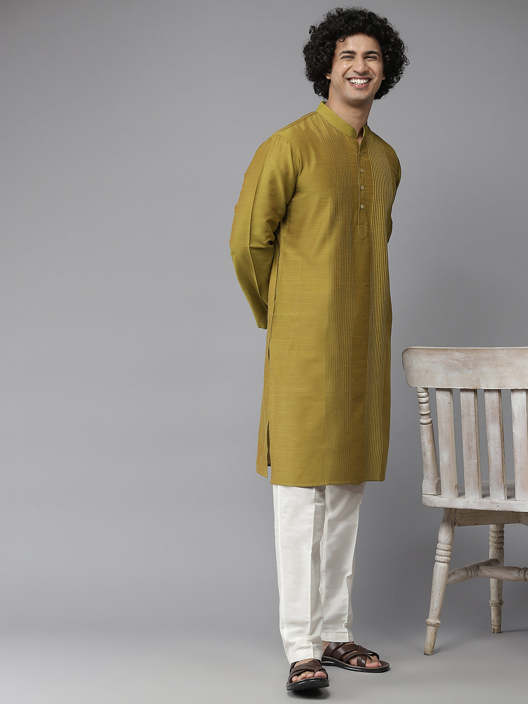 Men Mustard Cotton Slik Straight Kurta With Pyjama