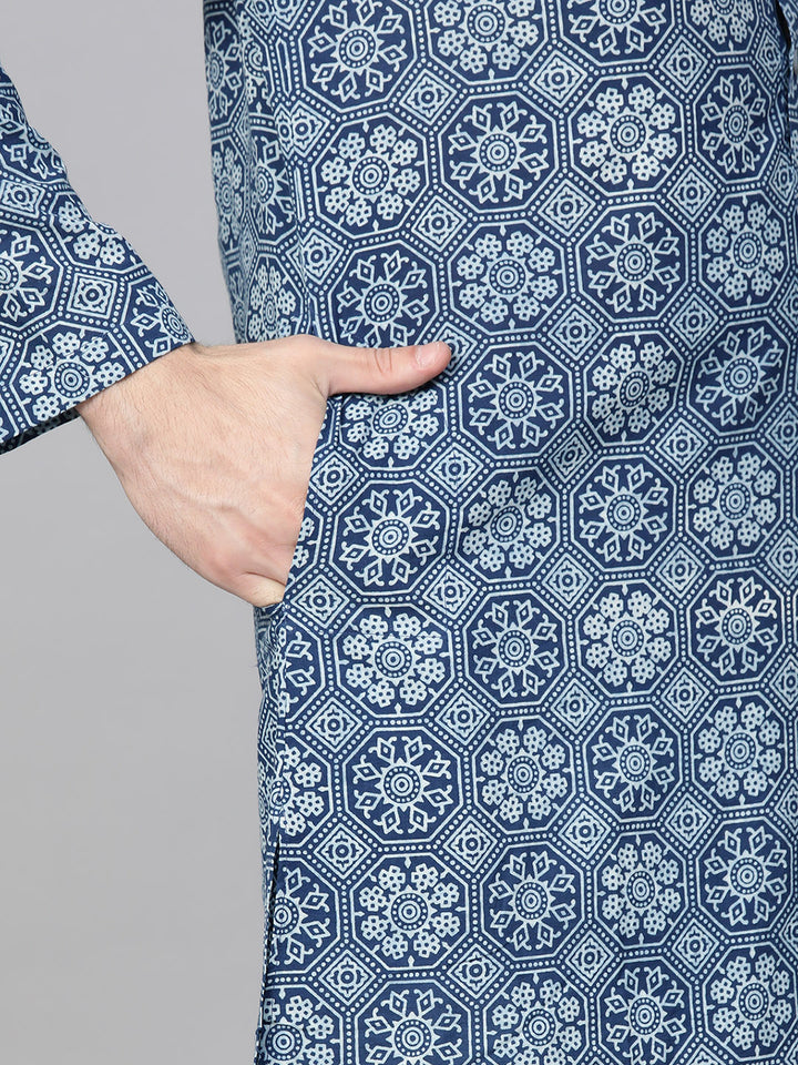 Men Blue Indigo Hand Block Print Straight Sustainable Kurta