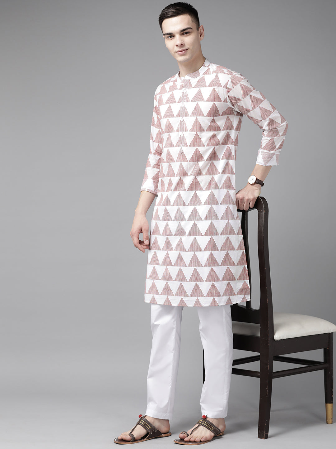 Men White & Maroon Stripe Printed Straight Kurta