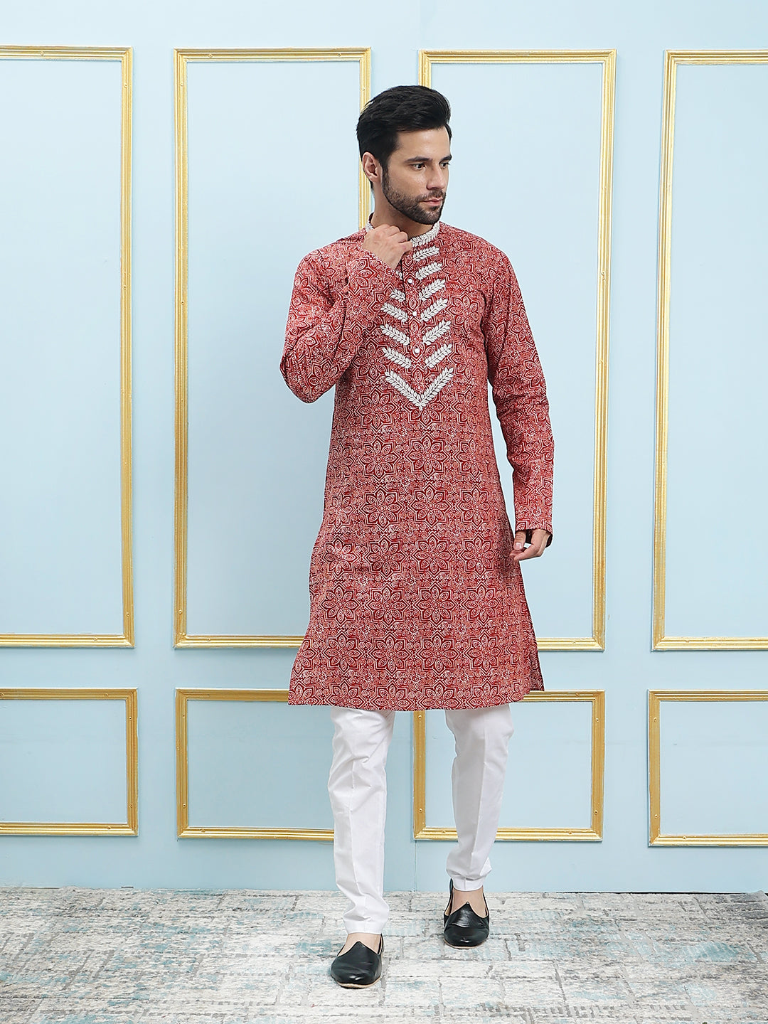 Printed Pure Cotton Straight Kurta with Embroidered Neck Design