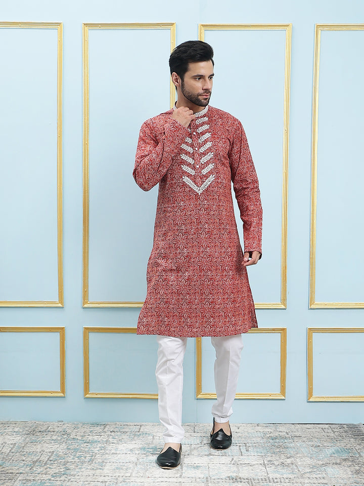 Printed Pure Cotton Straight Kurta with Embroidered Neck Design