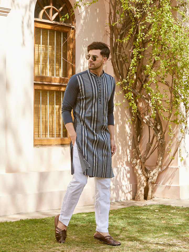 Gota Strips and Sequins Embroidered Pure Cotton Straight Kurta with Pyjama