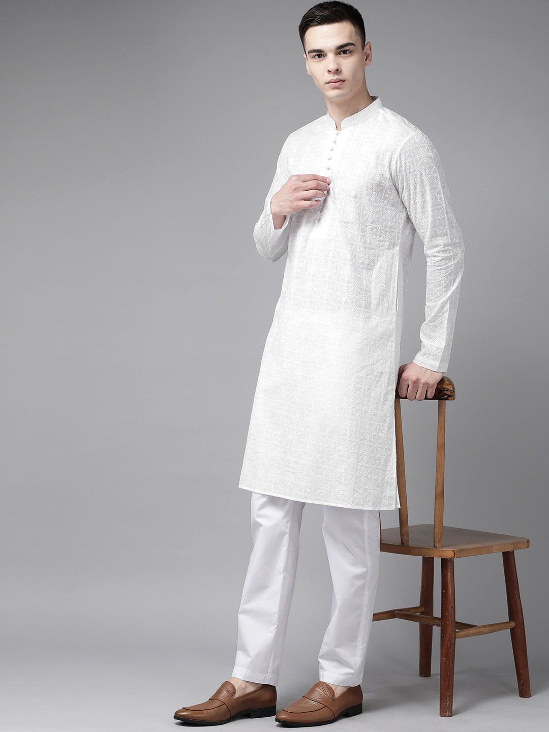 Pure Cotton Chikankari Embroidered Straight kurta with Pyjama