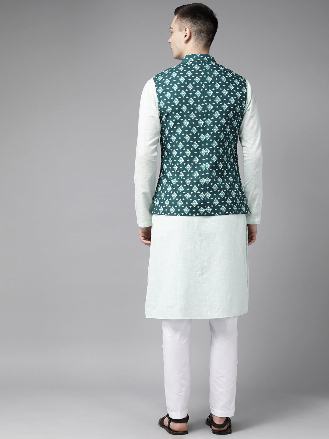 Men Teal Blue And Beige Printed Pure Cotton Kurta Pajama With Neharu jacket