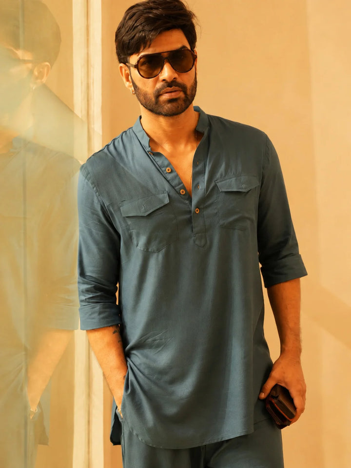 Men's Gray Rayon Solid Pathani Set